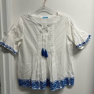 J McLaughlin White Blouse with Blue Embroidery and Tassels boho indie beach